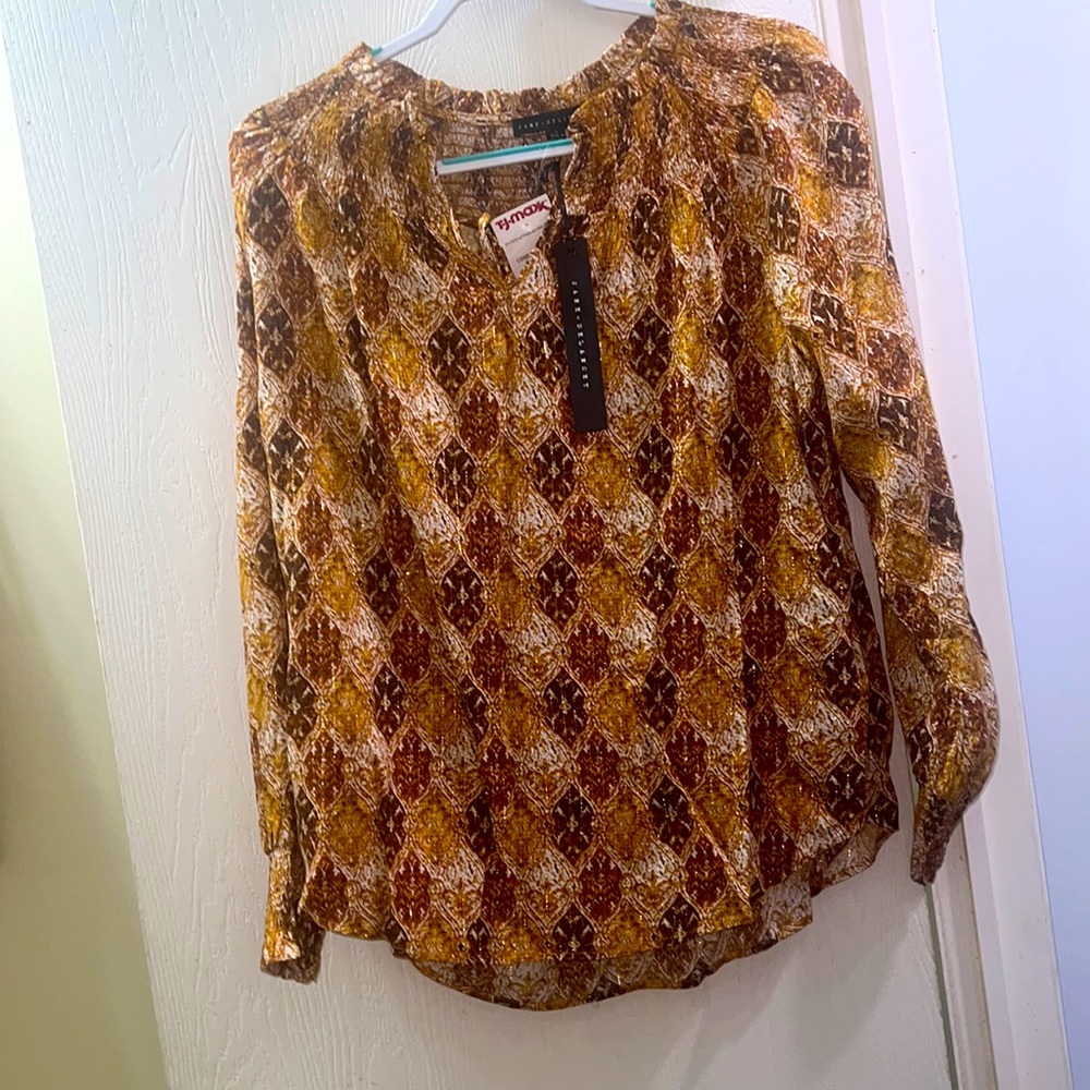 Jane and Delancey blouse Brown & Gold tinsel throughout the whole shirt size L